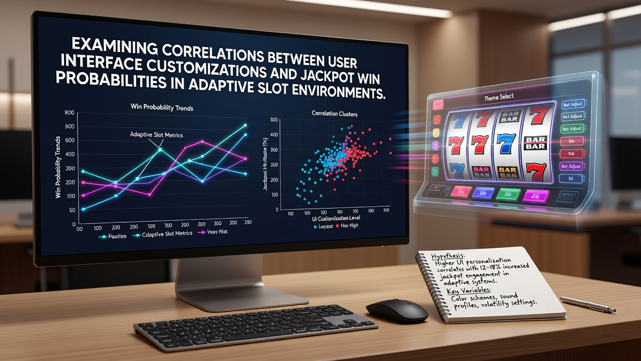 Analysis of slot game interfaces showing customizable elements like button layouts and color themes alongside probability metrics
