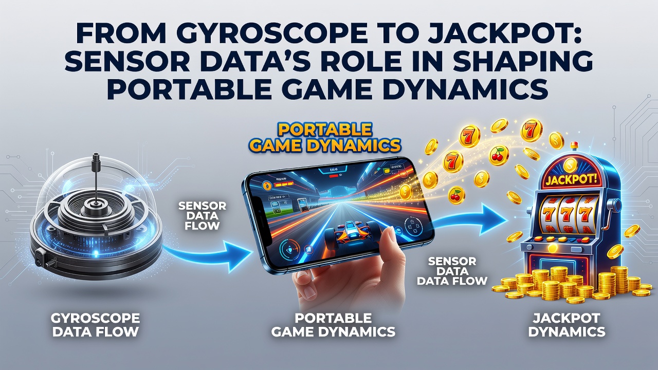 Smartphone displaying motion sensor integration in a mobile slot game interface with gyroscope data overlay