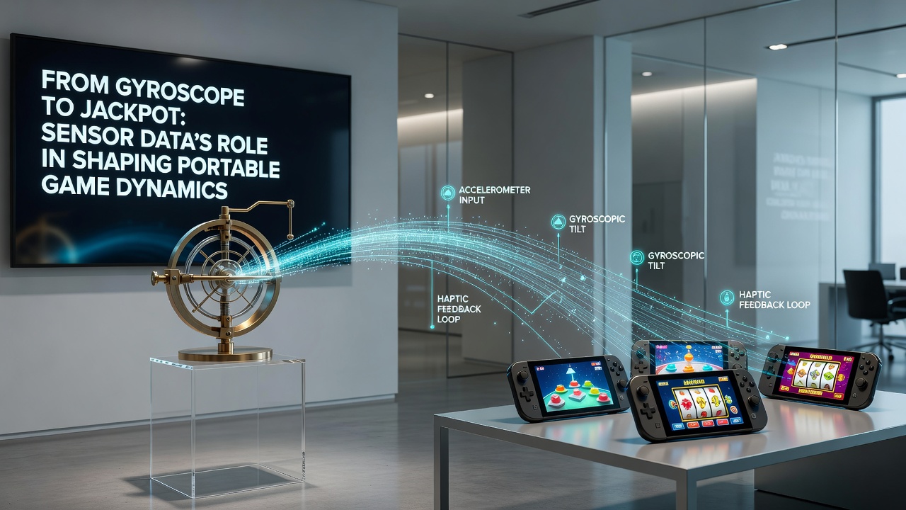 Close-up of mobile device sensors detecting tilt during gameplay with data visualization of gyroscope readings