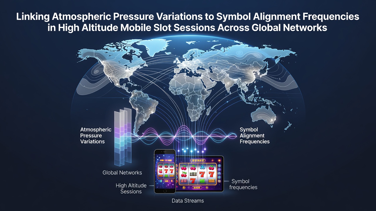 High altitude landscape with mobile devices showing slot game interfaces overlaid on atmospheric data visualizations