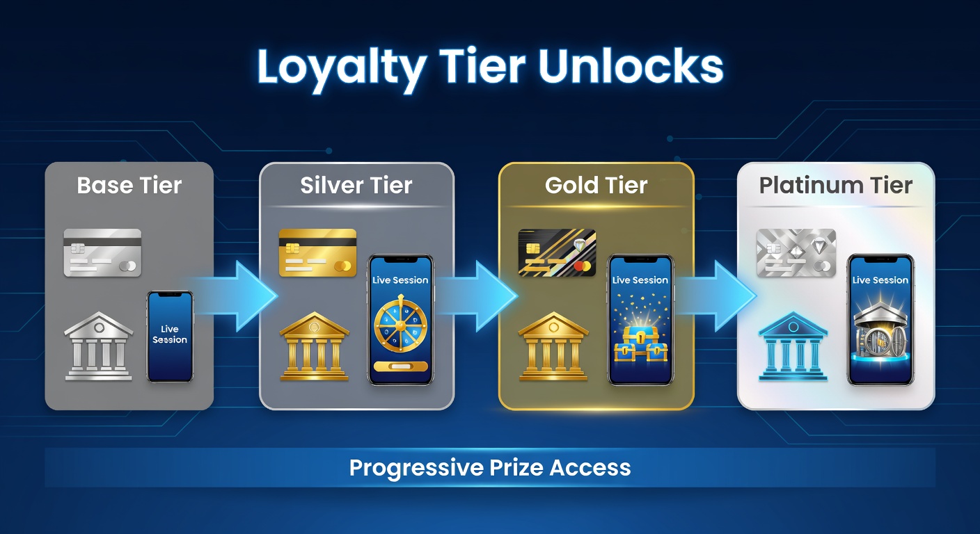 Mobile app interface displaying loyalty tiers aligned with payment options and progressive prize indicators