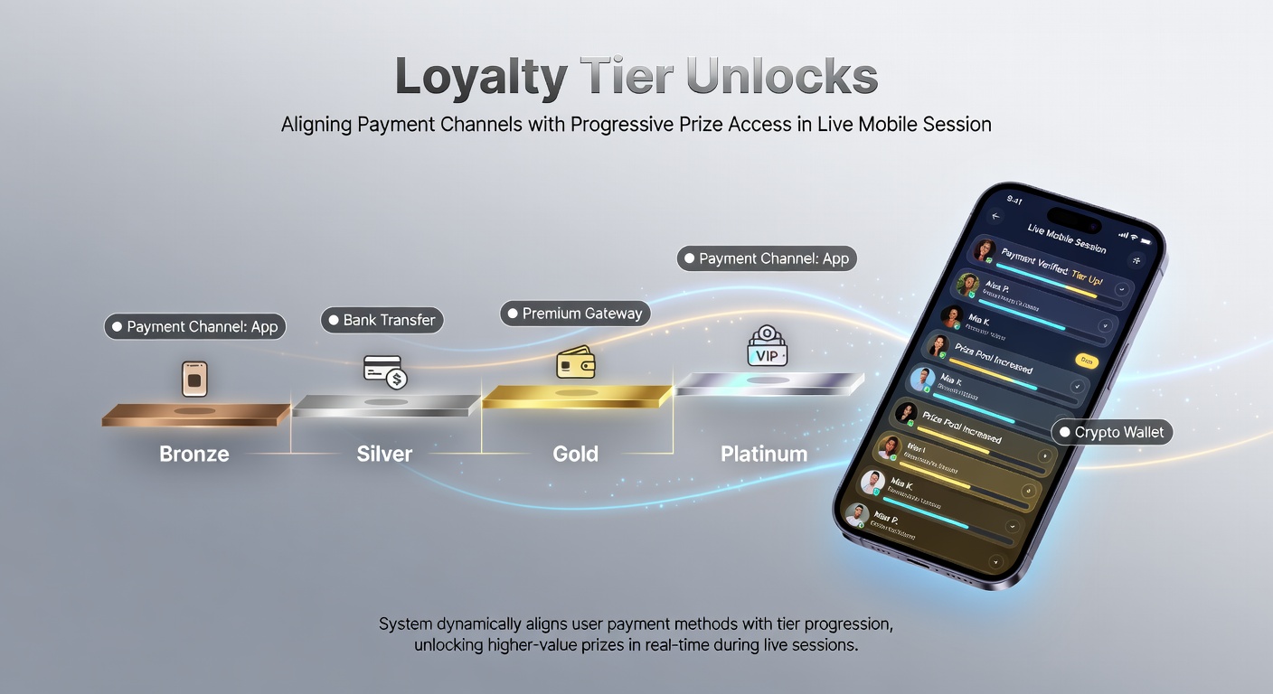 Live mobile session showing tier progression bar next to payment confirmation and jackpot meter