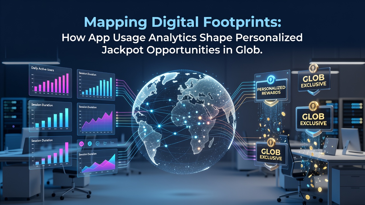 Visualization of data flows connecting app analytics to customized jackpot triggers in mobile gaming networks