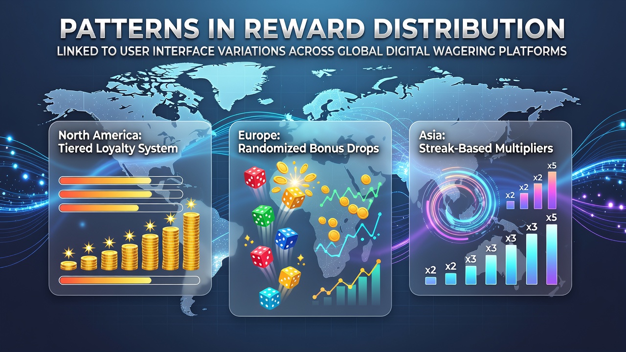 Global digital wagering platform interface variations showing reward distribution elements across mobile and desktop screens