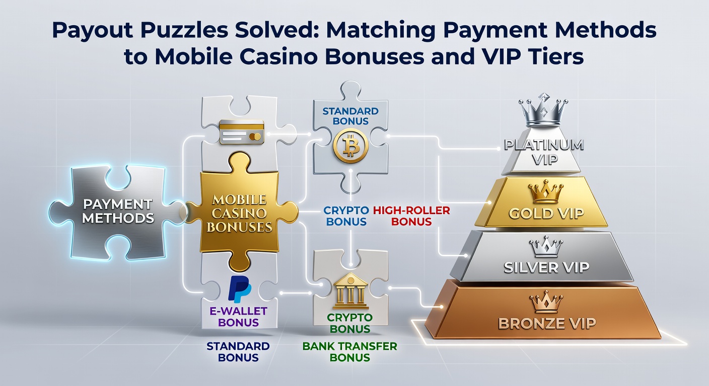 Illustration of mobile casino app displaying various payment icons alongside bonus offers and VIP level badges, highlighting compatibility matches