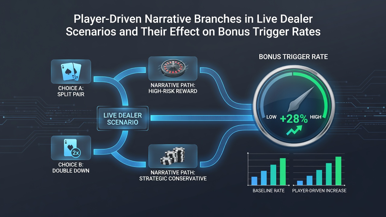 Dashboard view showing real-time bonus trigger statistics tied to player narrative choices in a live dealer studio